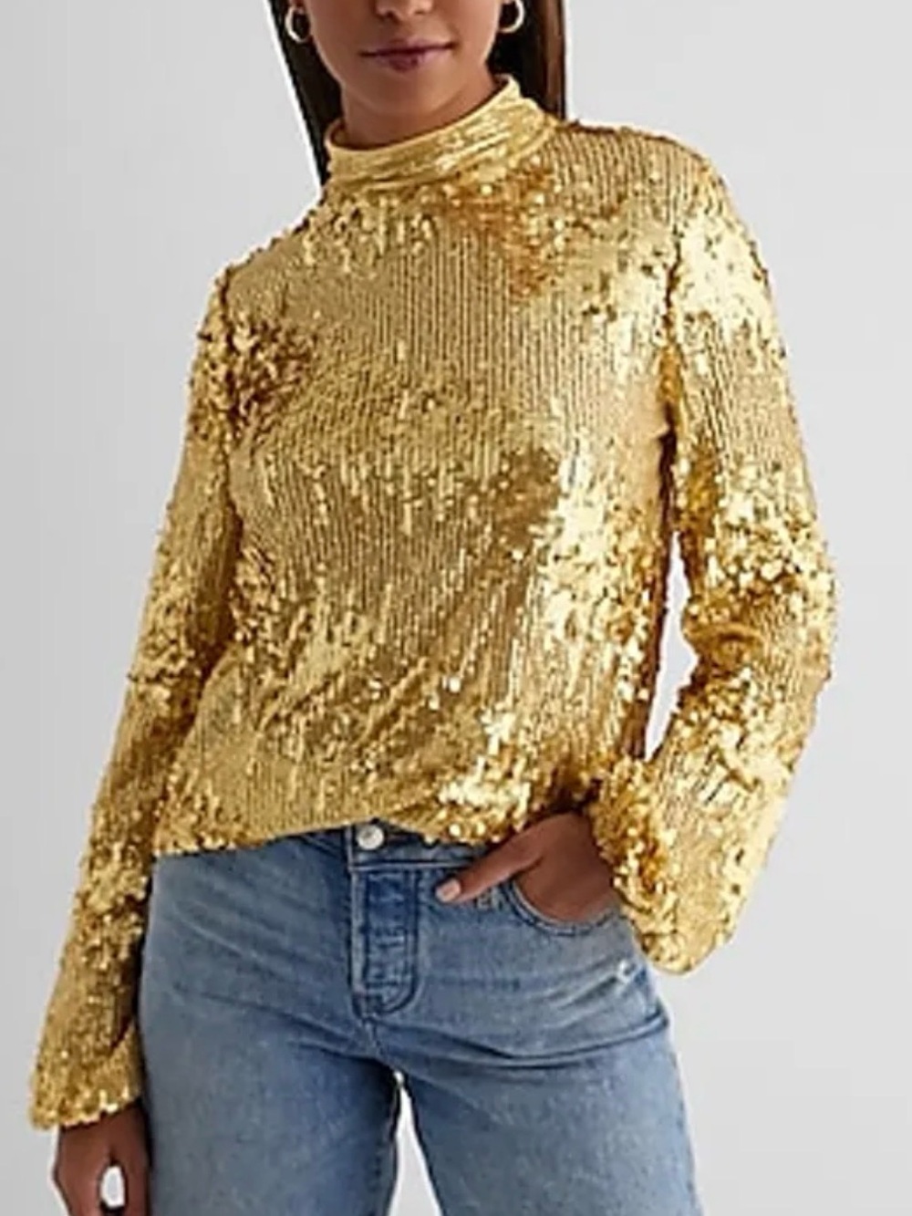 Express Gold Sequin Mock Neck Long-Sleeve Top